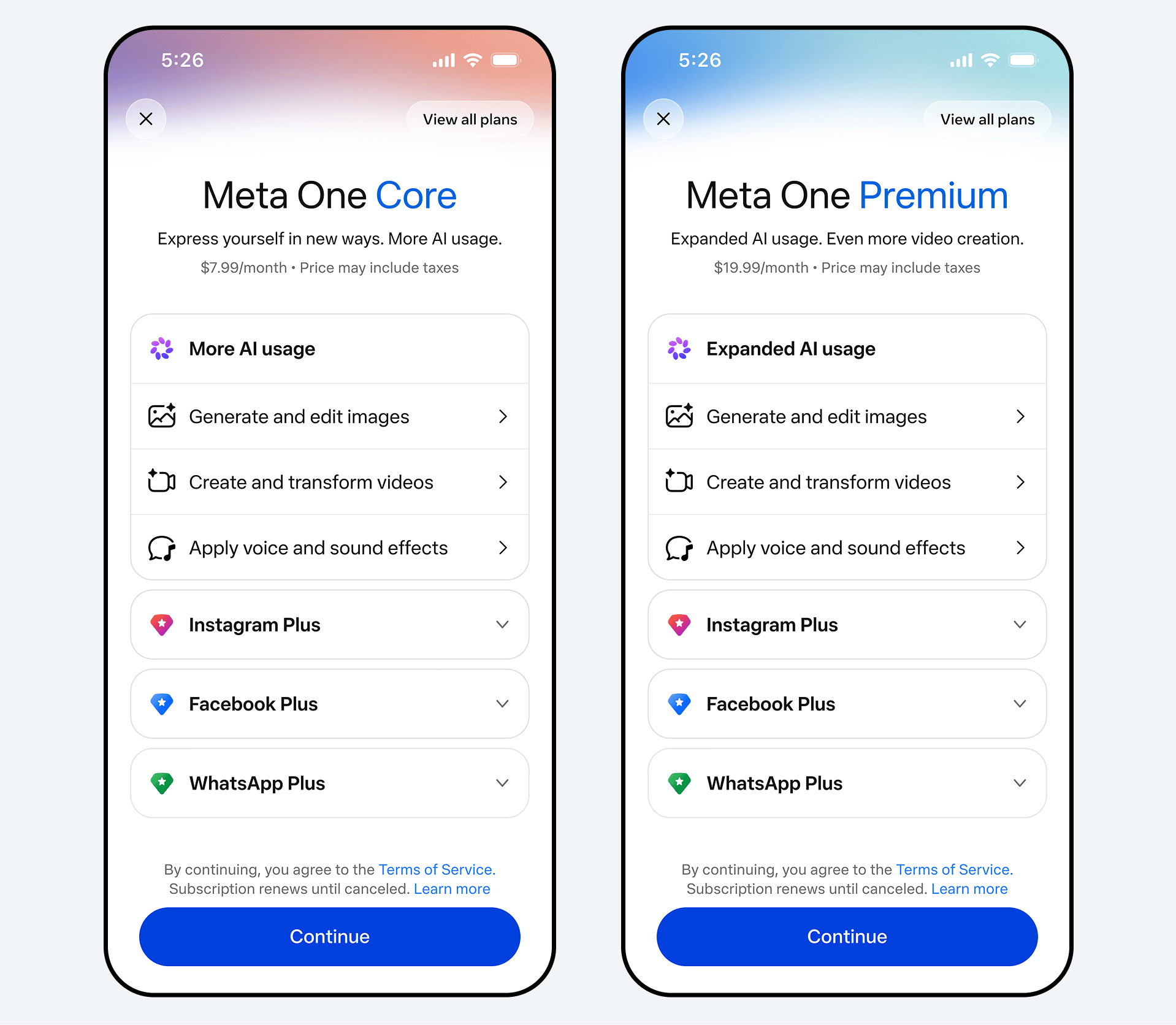 Meta One Plans: Core and Premium