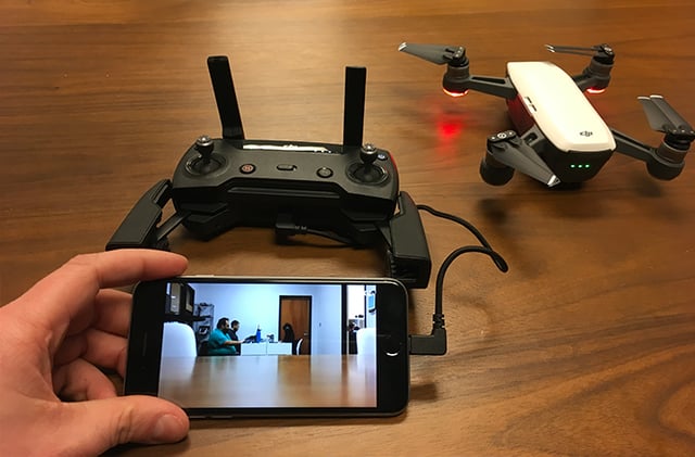 DJI drone connected and ready for flight