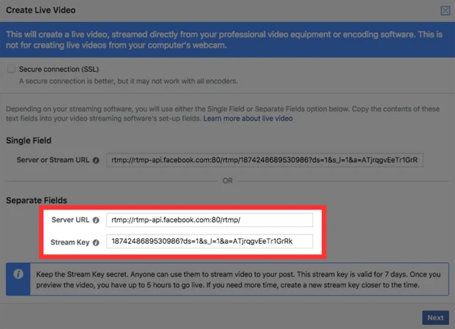Server and Stream Key Values on Facebook Live Scheduling