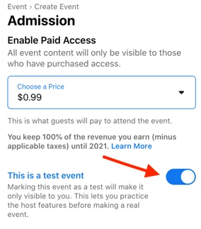 Creating a ticketed event on Facebook.