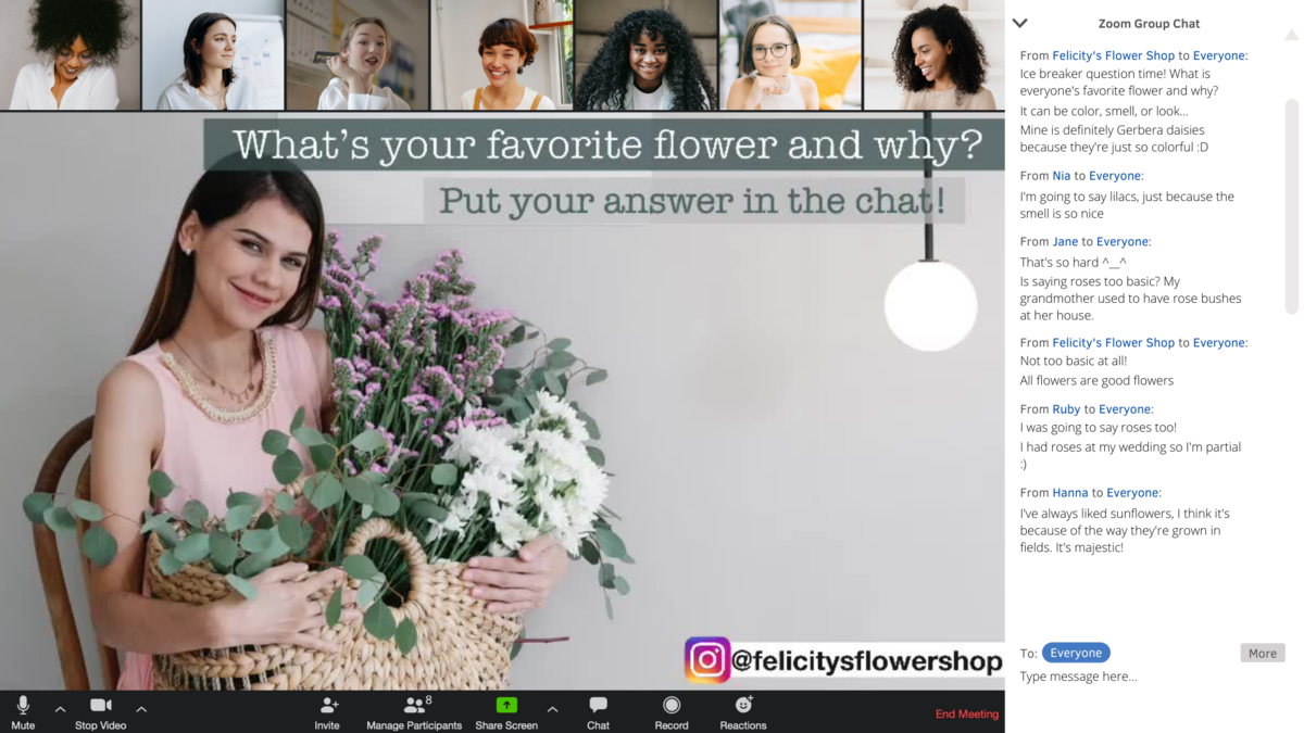 Engaging online zoom flower arranging class with Switcher Studio onscreen text