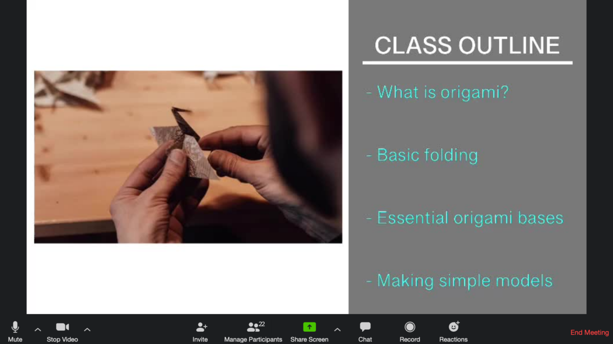 Outline for virtual origami class on zoom with Switcher Studio