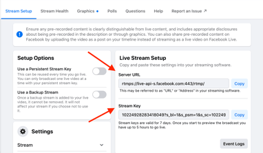 Locating the stream URl and Stream Key for a Facebook ticketed event.