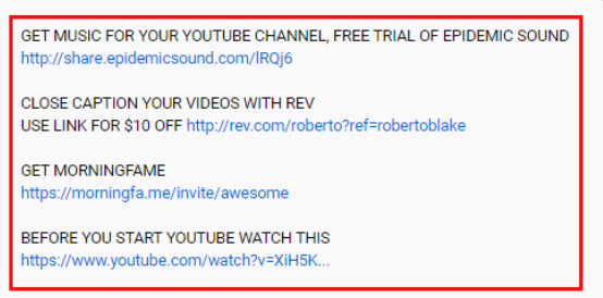 Examples of affiliate links in a YouTube video