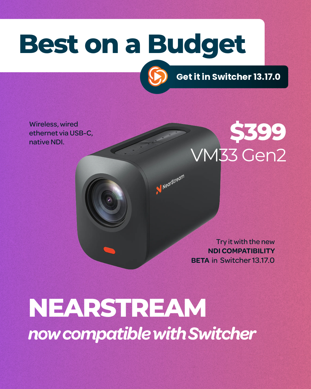 NearStream VM33 Gen 2 Wireless NDI Streaming Camera