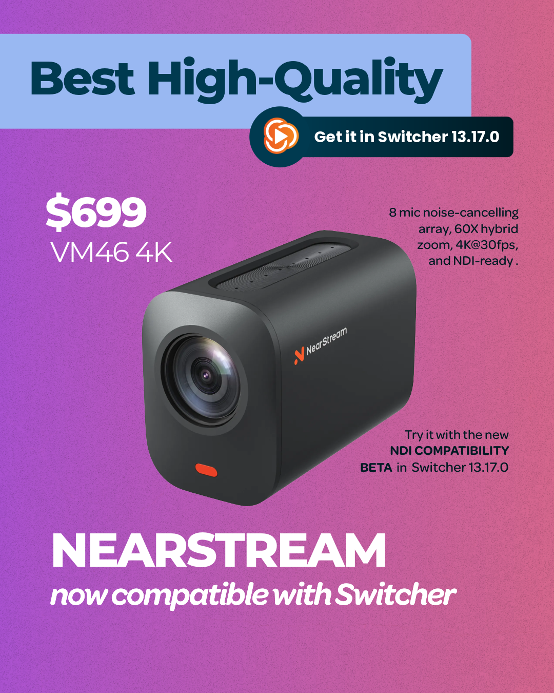NearStream VM46 4K Wireless Live Streaming NDI Camera