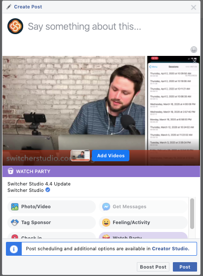 Posting a Facebook Watch Party